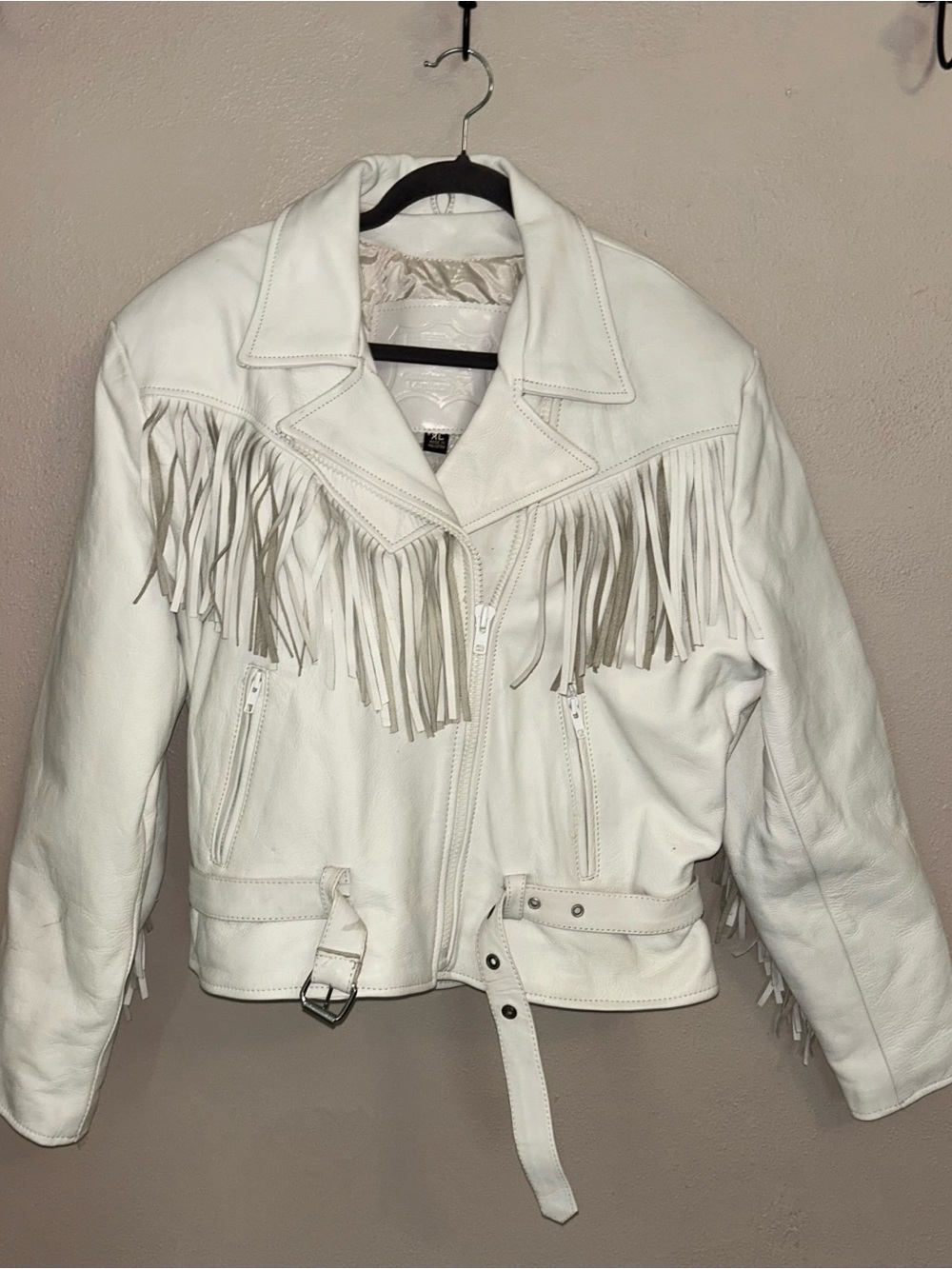 First Manufacturing White Leather Fringe Moto Jacket Western Biker Xl